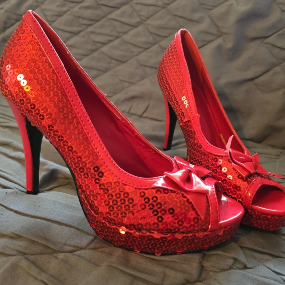 Ellie Red Sequin Stiletto Heels with Bow